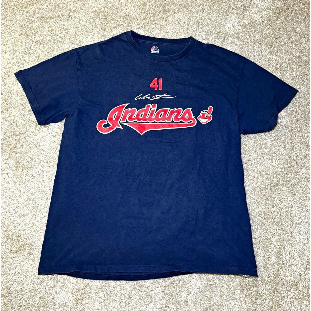 Majestic Cleveland Indians MLB Carlos Santana #41 T-Shirt Blue Size M
